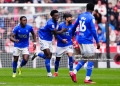 Watford's James Abankwah (centre) celebrates scoring his sides first goal during the Sky Bet Championship match at the Riverside Stadium, Middlesbrough. Picture date: Saturday April 25, 2026. (Photo by Owen Humphreys/PA Images via Getty Images)