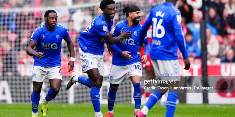 Watford's James Abankwah (centre) celebrates scoring his sides first goal during the Sky Bet Championship match at the Riverside Stadium, Middlesbrough. Picture date: Saturday April 25, 2026. (Photo by Owen Humphreys/PA Images via Getty Images)