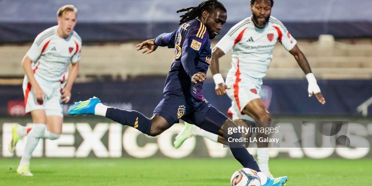DALLAS, TEXAS - APRIL 18: Joseph Paintsil #28 of Los Angeles Galaxy kicks the ball during the MLS match between FC Dallas and LA Galaxy at Toyota Stadium on April 18, 2026 in Dallas, Texas. (Photo by LA Galaxy/MLS via Getty Images)