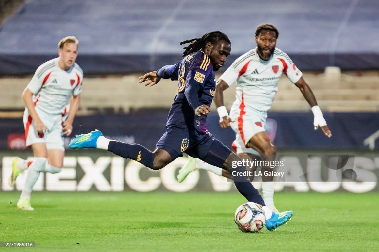 DALLAS, TEXAS - APRIL 18: Joseph Paintsil #28 of Los Angeles Galaxy kicks the ball during the MLS match between FC Dallas and LA Galaxy at Toyota Stadium on April 18, 2026 in Dallas, Texas. (Photo by LA Galaxy/MLS via Getty Images)