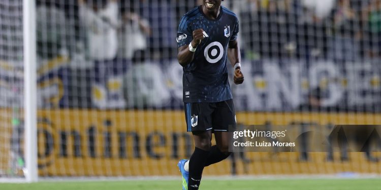 CARSON, CALIFORNIA - APRIL 04: Kelvin Yeboah #9 of the Minnesota United FC celebrate their second goal during the second half of their game against the LA Galaxy at Dignity Health Sports Park on April 04, 2026 in Carson, California. (Photo by Luiza Moraes/Getty Images)