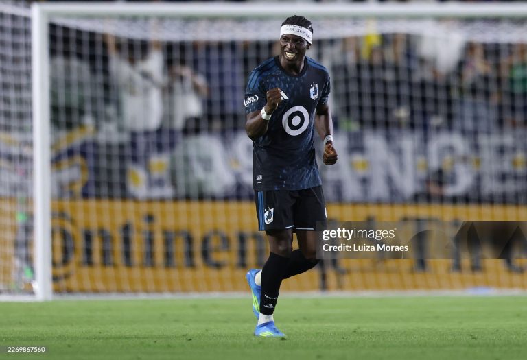 CARSON, CALIFORNIA - APRIL 04: Kelvin Yeboah #9 of the Minnesota United FC celebrate their second goal during the second half of their game against the LA Galaxy at Dignity Health Sports Park on April 04, 2026 in Carson, California. (Photo by Luiza Moraes/Getty Images)