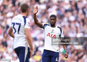 LONDON, ENGLAND - APRIL 18: Kevin Danso of Tottenham Hotspur  during the Premier League match between Tottenham Hotspur and Brighton & Hove Albion at Tottenham Hotspur Stadium on April 18, 2026 in London, England. (Photo by Catherine Ivill - AMA/Getty Images)