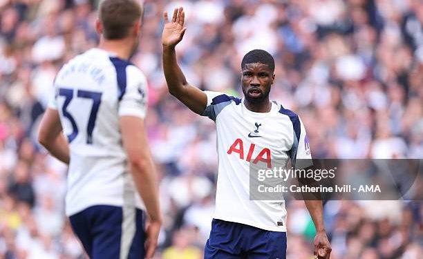 LONDON, ENGLAND - APRIL 18: Kevin Danso of Tottenham Hotspur  during the Premier League match between Tottenham Hotspur and Brighton & Hove Albion at Tottenham Hotspur Stadium on April 18, 2026 in London, England. (Photo by Catherine Ivill - AMA/Getty Images)