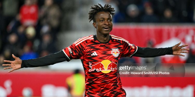HARRISON, NEW JERSEY - MARCH 01: Mohammed Sofo #37 of the New York Red Bulls celebrates scoring during the first half against Nashville SCat Sports Illustrated Stadium on March 01, 2025 in Harrison, New Jersey. (Photo by Howard Smith/ISI Photos/Getty Images)