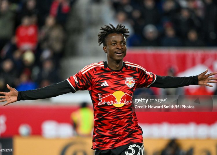 HARRISON, NEW JERSEY - MARCH 01: Mohammed Sofo #37 of the New York Red Bulls celebrates scoring during the first half against Nashville SCat Sports Illustrated Stadium on March 01, 2025 in Harrison, New Jersey. (Photo by Howard Smith/ISI Photos/Getty Images)