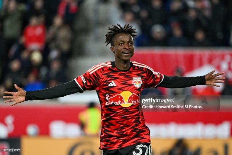 HARRISON, NEW JERSEY - MARCH 01: Mohammed Sofo #37 of the New York Red Bulls celebrates scoring during the first half against Nashville SCat Sports Illustrated Stadium on March 01, 2025 in Harrison, New Jersey. (Photo by Howard Smith/ISI Photos/Getty Images)