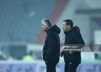 TEHRAN, IRAN - NOVEMBER 10: head coach Carlos Queiroz of Iran and head coach Roger De Sa of Iran look on during the Friendly match between Iran v Nicaragua on November 10, 2022 in Tehran, Iran. (Photo by Mohammad Karamali/DeFodi Images via Getty Images)