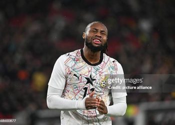 30 March 2026, Baden-Württemberg, Stuttgart: Soccer, Men, International matches, Germany - Ghana, MHP Arena. Antoine Semenyo (Ghana) reacts unhappy. Photo: Marijan Murat/dpa - IMPORTANT NOTE: In accordance with the regulations of the DFL German Football League and the DFB German Football Association, it is prohibited to utilize or have utilized photographs taken in the stadium and/or of the match in the form of sequential images and/or video-like photo series. (Photo by Marijan Murat/picture alliance via Getty Images)