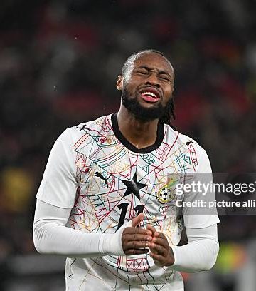 30 March 2026, Baden-Württemberg, Stuttgart: Soccer, Men, International matches, Germany - Ghana, MHP Arena. Antoine Semenyo (Ghana) reacts unhappy. Photo: Marijan Murat/dpa - IMPORTANT NOTE: In accordance with the regulations of the DFL German Football League and the DFB German Football Association, it is prohibited to utilize or have utilized photographs taken in the stadium and/or of the match in the form of sequential images and/or video-like photo series. (Photo by Marijan Murat/picture alliance via Getty Images)