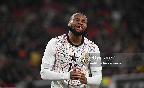 30 March 2026, Baden-Württemberg, Stuttgart: Soccer, Men, International matches, Germany - Ghana, MHP Arena. Antoine Semenyo (Ghana) reacts unhappy. Photo: Marijan Murat/dpa - IMPORTANT NOTE: In accordance with the regulations of the DFL German Football League and the DFB German Football Association, it is prohibited to utilize or have utilized photographs taken in the stadium and/or of the match in the form of sequential images and/or video-like photo series. (Photo by Marijan Murat/picture alliance via Getty Images)