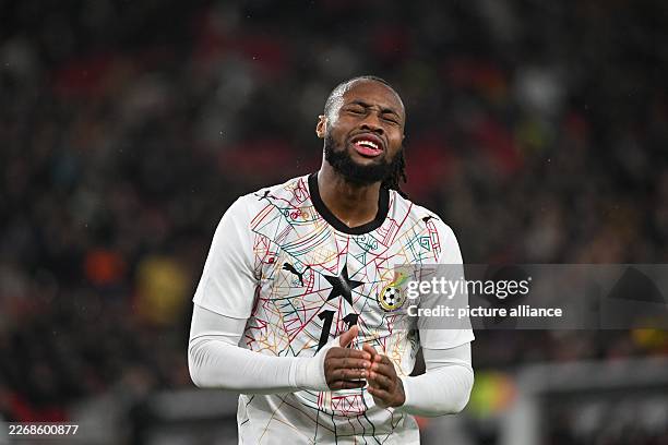 30 March 2026, Baden-Württemberg, Stuttgart: Soccer, Men, International matches, Germany - Ghana, MHP Arena. Antoine Semenyo (Ghana) reacts unhappy. Photo: Marijan Murat/dpa - IMPORTANT NOTE: In accordance with the regulations of the DFL German Football League and the DFB German Football Association, it is prohibited to utilize or have utilized photographs taken in the stadium and/or of the match in the form of sequential images and/or video-like photo series. (Photo by Marijan Murat/picture alliance via Getty Images)