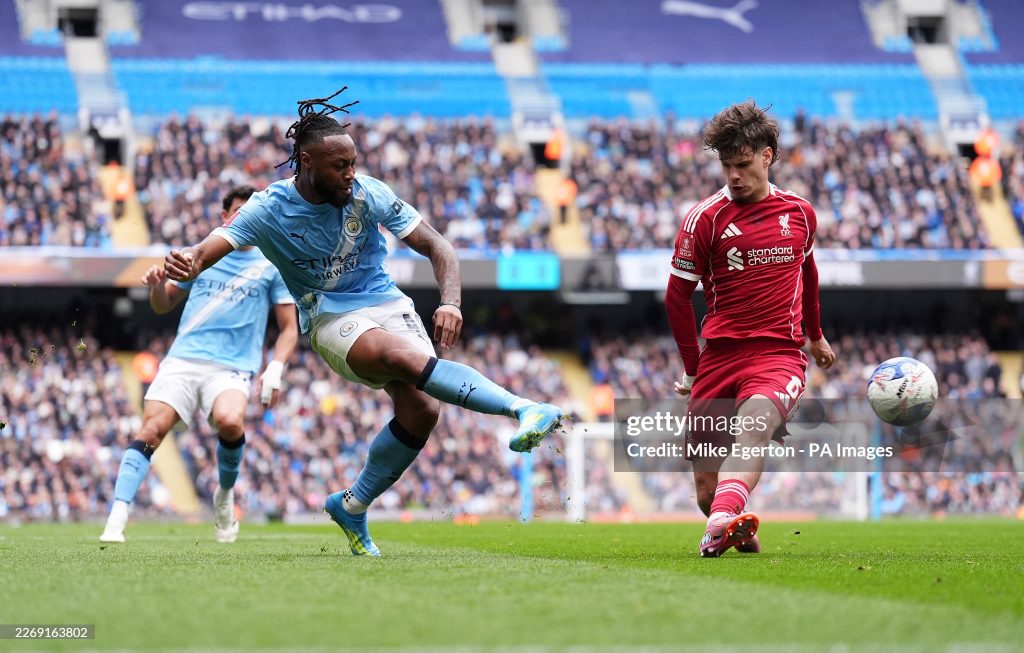 Manchester City's Antoine Semenyo shoots during the Emirates FA Cup, quarter-final match at the Etihad Stadium, Manchester. Picture date: Saturday April 4, 2026. (Photo by Mike Egerton/PA Images via Getty Images)