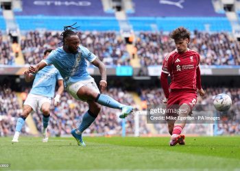 Manchester City's Antoine Semenyo shoots during the Emirates FA Cup, quarter-final match at the Etihad Stadium, Manchester. Picture date: Saturday April 4, 2026. (Photo by Mike Egerton/PA Images via Getty Images)