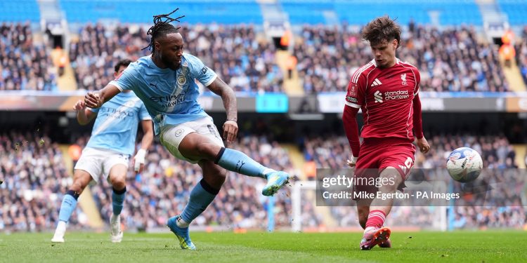 Manchester City's Antoine Semenyo shoots during the Emirates FA Cup, quarter-final match at the Etihad Stadium, Manchester. Picture date: Saturday April 4, 2026. (Photo by Mike Egerton/PA Images via Getty Images)