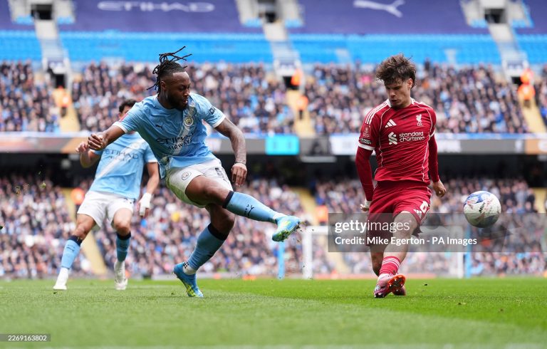 Manchester City's Antoine Semenyo shoots during the Emirates FA Cup, quarter-final match at the Etihad Stadium, Manchester. Picture date: Saturday April 4, 2026. (Photo by Mike Egerton/PA Images via Getty Images)