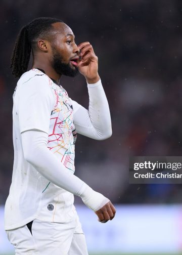 STUTTGART, GERMANY - MARCH 30: Antoine Semenyo of Ghana reacts during the international friendly match between Germany and Ghana at MHP Arena on March 30, 2026 in Stuttgart, Germany. (Photo by Christian Kaspar-Bartke/Getty Images)