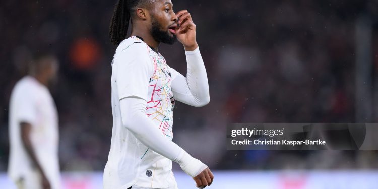 STUTTGART, GERMANY - MARCH 30: Antoine Semenyo of Ghana reacts during the international friendly match between Germany and Ghana at MHP Arena on March 30, 2026 in Stuttgart, Germany. (Photo by Christian Kaspar-Bartke/Getty Images)