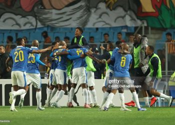 Rades, Tunisia - April 12: Team of Mamelodi Sundowns celebrates goal during the Ligue des champions de la CAF match between Esperance Sportive de Tunis and Mamelodi Sundowns Football Club at Stade Hammadi Agrebi on April 12, 2026 in Rades, Tunisia. (Photo by Tnani Badreddine/DeFodi Images/DeFodi via Getty Images)