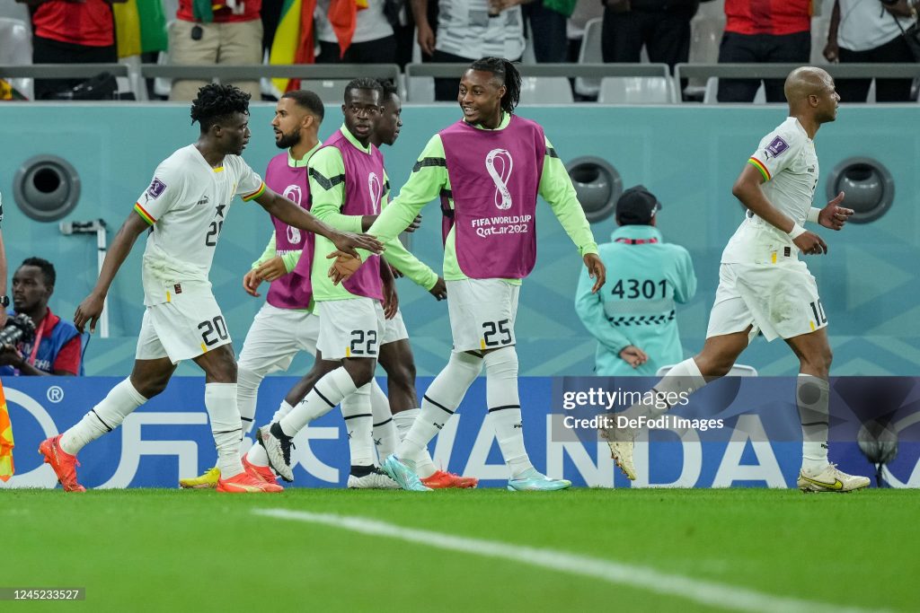 AL RAYYAN, QATAR - NOVEMBER 28: Mohammed Kudus of Ghana, Sulemana Kamaldeen of Ghana, Antoine Semenyo of Ghana and Andre Ayew of Ghana celebrate after winning the FIFA World Cup Qatar 2022 Group H match between Korea Republic and Ghana at Education City Stadium on November 28, 2022 in Al Rayyan, Qatar. (Photo by Mohammad Karamali/DeFodi Images via Getty Images)