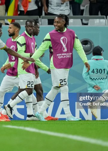 AL RAYYAN, QATAR - NOVEMBER 28: Mohammed Kudus of Ghana, Sulemana Kamaldeen of Ghana, Antoine Semenyo of Ghana and Andre Ayew of Ghana celebrate after winning the FIFA World Cup Qatar 2022 Group H match between Korea Republic and Ghana at Education City Stadium on November 28, 2022 in Al Rayyan, Qatar. (Photo by Mohammad Karamali/DeFodi Images via Getty Images)