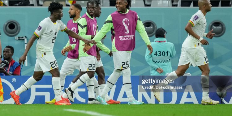 AL RAYYAN, QATAR - NOVEMBER 28: Mohammed Kudus of Ghana, Sulemana Kamaldeen of Ghana, Antoine Semenyo of Ghana and Andre Ayew of Ghana celebrate after winning the FIFA World Cup Qatar 2022 Group H match between Korea Republic and Ghana at Education City Stadium on November 28, 2022 in Al Rayyan, Qatar. (Photo by Mohammad Karamali/DeFodi Images via Getty Images)