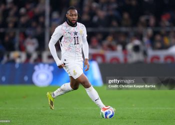 STUTTGART, GERMANY - MARCH 30: Antoine Semenyo of Ghana in action during the international friendly match between Germany and Ghana at MHP Arena on March 30, 2026 in Stuttgart, Germany. (Photo by Christian Kaspar-Bartke/Getty Images)