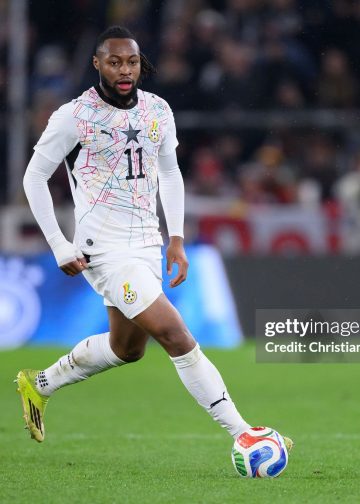 STUTTGART, GERMANY - MARCH 30: Antoine Semenyo of Ghana in action during the international friendly match between Germany and Ghana at MHP Arena on March 30, 2026 in Stuttgart, Germany. (Photo by Christian Kaspar-Bartke/Getty Images)