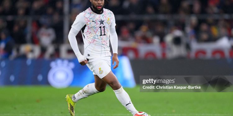 STUTTGART, GERMANY - MARCH 30: Antoine Semenyo of Ghana in action during the international friendly match between Germany and Ghana at MHP Arena on March 30, 2026 in Stuttgart, Germany. (Photo by Christian Kaspar-Bartke/Getty Images)