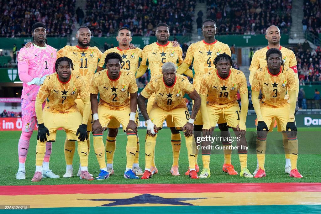 VIENNA, AUSTRIA  - MARCH 27: Team Ghana with Fatawu Issahaku of Ghana, Derrick Koehn of Ghana, Kwasi Sibo of Ghana, Prince Kwabena Adu of Ghana and Caleb Yirenkyi of Ghana in the front row and Lawrence Ati Zigi of Ghana, Antoine Semenyo of Ghana, Alexander Djiku of Ghana Thomas Partey of Ghana, Jonas Adjetey of Ghana and Jordan Ayew of Ghana in the back row during the international friendly match between Austria and Ghana at Ernst Happel Stadion on March 27, 2026 in Vienna, Austria. (Photo by Guenther Iby/SEPA.Media /Getty Images)