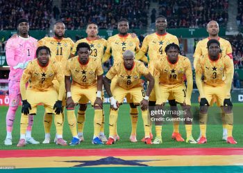 VIENNA, AUSTRIA  - MARCH 27: Team Ghana with Fatawu Issahaku of Ghana, Derrick Koehn of Ghana, Kwasi Sibo of Ghana, Prince Kwabena Adu of Ghana and Caleb Yirenkyi of Ghana in the front row and Lawrence Ati Zigi of Ghana, Antoine Semenyo of Ghana, Alexander Djiku of Ghana Thomas Partey of Ghana, Jonas Adjetey of Ghana and Jordan Ayew of Ghana in the back row during the international friendly match between Austria and Ghana at Ernst Happel Stadion on March 27, 2026 in Vienna, Austria. (Photo by Guenther Iby/SEPA.Media /Getty Images)