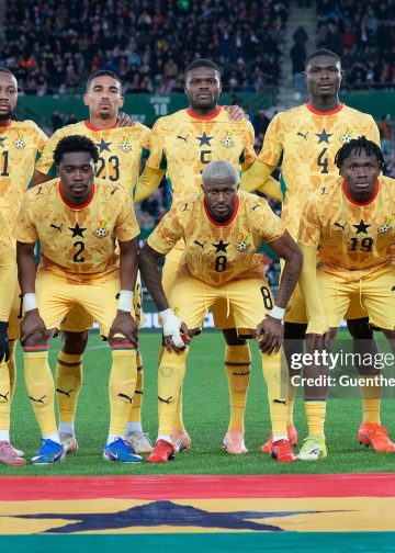 VIENNA, AUSTRIA  - MARCH 27: Team Ghana with Fatawu Issahaku of Ghana, Derrick Koehn of Ghana, Kwasi Sibo of Ghana, Prince Kwabena Adu of Ghana and Caleb Yirenkyi of Ghana in the front row and Lawrence Ati Zigi of Ghana, Antoine Semenyo of Ghana, Alexander Djiku of Ghana Thomas Partey of Ghana, Jonas Adjetey of Ghana and Jordan Ayew of Ghana in the back row during the international friendly match between Austria and Ghana at Ernst Happel Stadion on March 27, 2026 in Vienna, Austria. (Photo by Guenther Iby/SEPA.Media /Getty Images)