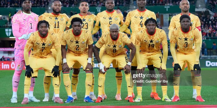 VIENNA, AUSTRIA  - MARCH 27: Team Ghana with Fatawu Issahaku of Ghana, Derrick Koehn of Ghana, Kwasi Sibo of Ghana, Prince Kwabena Adu of Ghana and Caleb Yirenkyi of Ghana in the front row and Lawrence Ati Zigi of Ghana, Antoine Semenyo of Ghana, Alexander Djiku of Ghana Thomas Partey of Ghana, Jonas Adjetey of Ghana and Jordan Ayew of Ghana in the back row during the international friendly match between Austria and Ghana at Ernst Happel Stadion on March 27, 2026 in Vienna, Austria. (Photo by Guenther Iby/SEPA.Media /Getty Images)