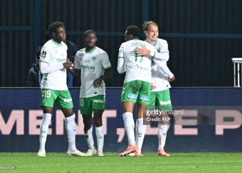 19 Ebenezer ANNAN (asse) - 20 Augustine BOAKYE (asse) - 07 Irvin CARDONA (asse) during the Ligue 2 BKT match between Troyes and Saint-Etienne at Stade de l'Aube on November 8, 2025 in Troyes, France. (Photo by Christophe Saidi/FEP/Icon Sport via Getty Images)