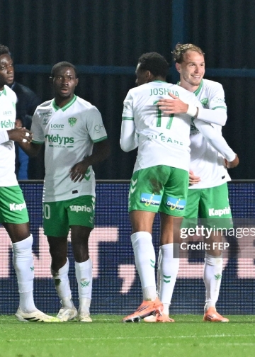 19 Ebenezer ANNAN (asse) - 20 Augustine BOAKYE (asse) - 07 Irvin CARDONA (asse) during the Ligue 2 BKT match between Troyes and Saint-Etienne at Stade de l'Aube on November 8, 2025 in Troyes, France. (Photo by Christophe Saidi/FEP/Icon Sport via Getty Images)