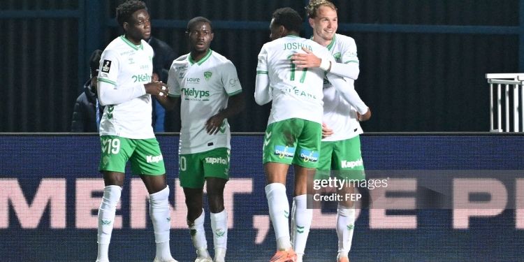 19 Ebenezer ANNAN (asse) - 20 Augustine BOAKYE (asse) - 07 Irvin CARDONA (asse) during the Ligue 2 BKT match between Troyes and Saint-Etienne at Stade de l'Aube on November 8, 2025 in Troyes, France. (Photo by Christophe Saidi/FEP/Icon Sport via Getty Images)
