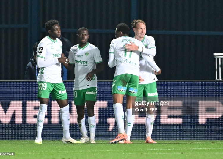 19 Ebenezer ANNAN (asse) - 20 Augustine BOAKYE (asse) - 07 Irvin CARDONA (asse) during the Ligue 2 BKT match between Troyes and Saint-Etienne at Stade de l'Aube on November 8, 2025 in Troyes, France. (Photo by Christophe Saidi/FEP/Icon Sport via Getty Images)