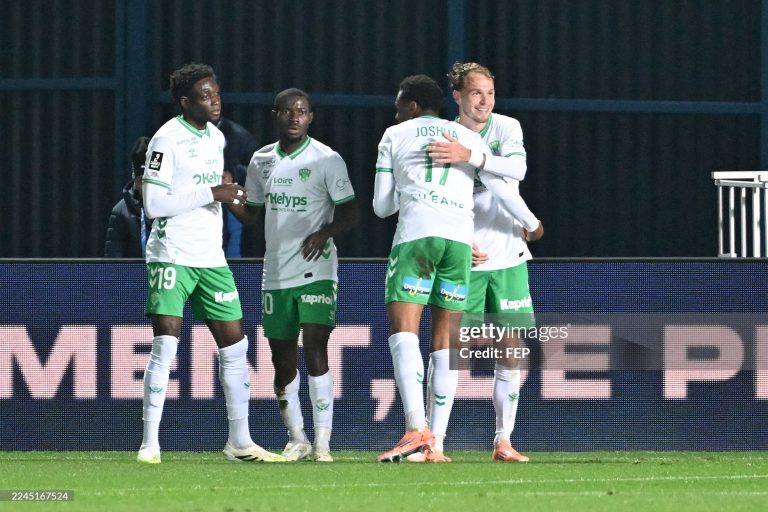 19 Ebenezer ANNAN (asse) - 20 Augustine BOAKYE (asse) - 07 Irvin CARDONA (asse) during the Ligue 2 BKT match between Troyes and Saint-Etienne at Stade de l'Aube on November 8, 2025 in Troyes, France. (Photo by Christophe Saidi/FEP/Icon Sport via Getty Images)
