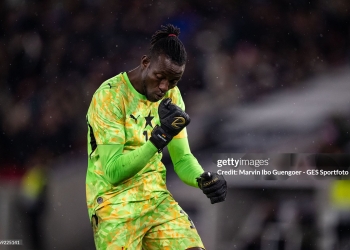 Benjamin Asare of GhSTUTTGART, GERMANY - MARCH 30: Benjamin Asare of Ghana celebrates the team's first goal during the international friendly match between Germany and Ghana at MHP Arena on March 30, 2026 in Stuttgart, Germany. (Photo by Marvin Ibo Guengoer - GES Sportfoto/Getty Images)