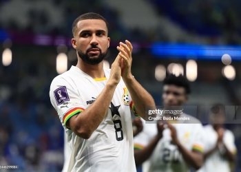 AL WAKRAH, QATAR - DECEMBER 02: Daniel-Kofi Kyereh of Ghana applauds fans after  the FIFA World Cup Qatar 2022 Group H match between Ghana and Uruguay at Al Janoub Stadium on December 02, 2022 in Al Wakrah, Qatar. (Photo by Buda Mendes/Getty Images)