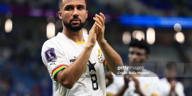 AL WAKRAH, QATAR - DECEMBER 02: Daniel-Kofi Kyereh of Ghana applauds fans after  the FIFA World Cup Qatar 2022 Group H match between Ghana and Uruguay at Al Janoub Stadium on December 02, 2022 in Al Wakrah, Qatar. (Photo by Buda Mendes/Getty Images)