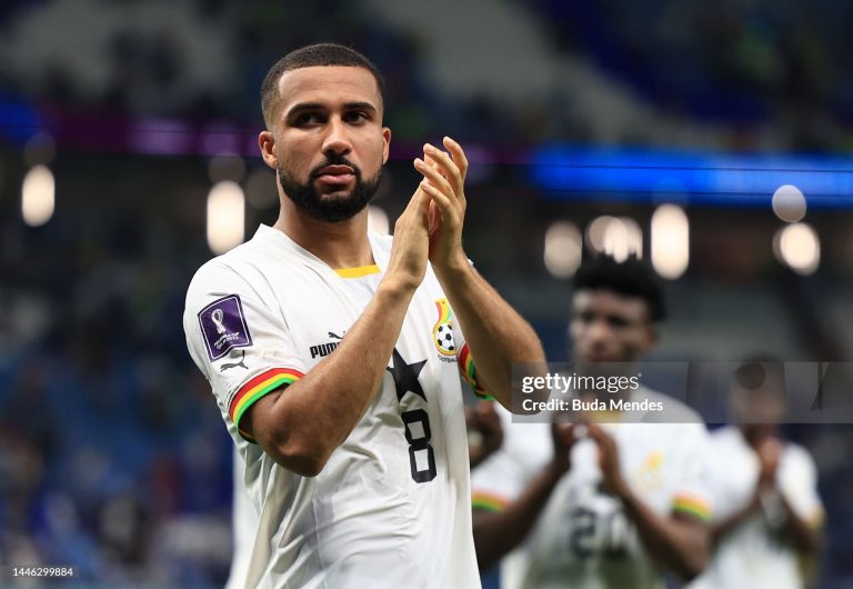 AL WAKRAH, QATAR - DECEMBER 02: Daniel-Kofi Kyereh of Ghana applauds fans after  the FIFA World Cup Qatar 2022 Group H match between Ghana and Uruguay at Al Janoub Stadium on December 02, 2022 in Al Wakrah, Qatar. (Photo by Buda Mendes/Getty Images)