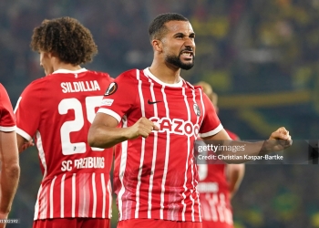 FREIBURG IM BREISGAU, GERMANY - OCTOBER 06: Daniel-Kofi Kyereh of SC Freiburg celebrates scoring their side's first goal during the UEFA Europa League group G match between Sport-Club Freiburg and FC Nantes at Stadion am Wolfswinkel on October 06, 2022 in Freiburg im Breisgau, Germany. (Photo by Christian Kaspar-Bartke/Getty Images)