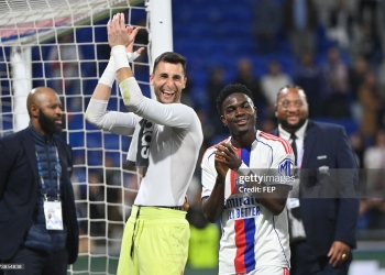 Dominik GREIF of Olympique Lyonnais and Ernest NUAMAH of Olympique Lyonnais during the Ligue 1 McDonald's match between Lyon and Rennes at Groupama Stadium on May 3, 2026 in Lyon, France. (Photo by Sylvain Thomas/FEP/Icon Sport via Getty Images)