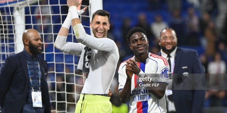 Dominik GREIF of Olympique Lyonnais and Ernest NUAMAH of Olympique Lyonnais during the Ligue 1 McDonald's match between Lyon and Rennes at Groupama Stadium on May 3, 2026 in Lyon, France. (Photo by Sylvain Thomas/FEP/Icon Sport via Getty Images)