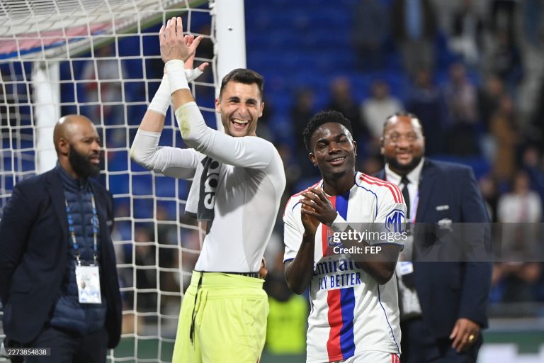 Dominik GREIF of Olympique Lyonnais and Ernest NUAMAH of Olympique Lyonnais during the Ligue 1 McDonald's match between Lyon and Rennes at Groupama Stadium on May 3, 2026 in Lyon, France. (Photo by Sylvain Thomas/FEP/Icon Sport via Getty Images)