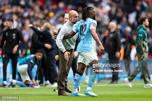 LONDON, ENGLAND - MAY 16: Head Coach Pep Guardiola with winning goal-scorer Antoine Semenyo of Manchester City after his sides 1-0 win during the Emirates FA Cup Final match between Chelsea and Manchester City on May 16, 2026 in London, England. (Photo by Robin Jones/Getty Images)