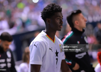PUEBLA, MEXICO - MAY 22: Jesurun Rak-Sakyi of Ghana enters the pitch prior to the international friendly match between Mexico and Ghana at Estadio Cuauhtémoc on May 22, 2026 in Puebla, Mexico. (Photo by Hector Vivas/Getty Images)
