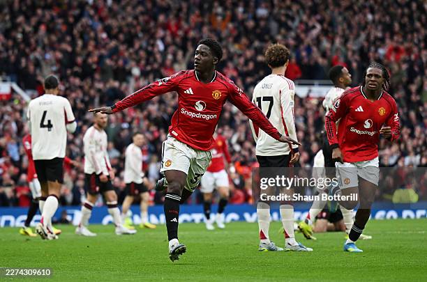 MANCHESTER, ENGLAND - MAY 03: Kobbie Mainoo of Manchester United celebrates scoring his team's third goal during the Premier League match between Manchester United and Liverpool at Old Trafford on May 03, 2026 in Manchester, England. (Photo by Shaun Botterill/Getty Images)