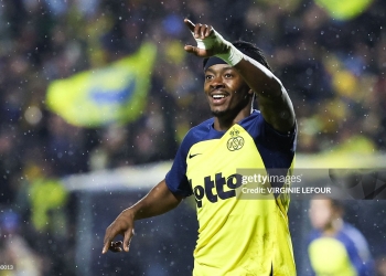 Union's Mohammed Fuseini celebrates after scoring during a soccer game between Royale Union Saint-Gilloise and Sporting Charleroi, the return game of the 1/2 final in the Croky Cup Belgian cup competition, Wednesday 11 February 2026 in Charleroi. (1st leg: 0-0) BELGA PHOTO VIRGINIE LEFOUR (Photo by VIRGINIE LEFOUR / BELGA MAG / Belga / AFP via Getty Images)